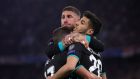  Marco Asensio  celebrates with Sergio Ramos and Lucas Vazquez after scoring Real Madrid’s second goal during the  Champions League semi-final first leg against Bayern Munich  at the Allianz Arena. Photograph: Alexander Hassenstein/Bongarts/Getty Images