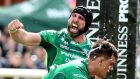 Connacht captain John Muldoon celebrates Kieran Marmion’s try during the Guinness Pro 14 game against Leinster at the Sportsground in Galway. Photograph: Gary Carr/Inpho