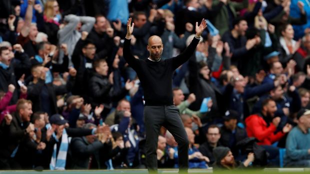 Manchester City manager Pep Guardiola celebrates during his team’s match against Swansea City, at the Etihad Stadium, Manchester, Britain. Photograph: Action Images via Reuters/Lee Smith