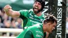 Connacht’s John Muldoon celebrates team-mate Kieran Marmion’s try at the Guinness PRO14 against Leinster at the Sportsground in Galway. Photograph: Gary Carr/Inpho