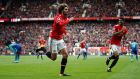 Manchester United’s Marouane Fellaini celebrates his goal at Old Trafford. Photograph: Reuters