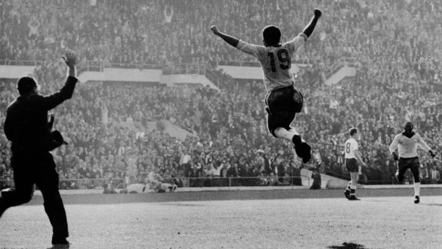 Brazilian player Zito celebrates scoring the second goal for Brazil during the 1962 World Cup final in Santiago, Chile. Brazil beat Czechoslovakia 3-1. Photograph: Keystone/Getty