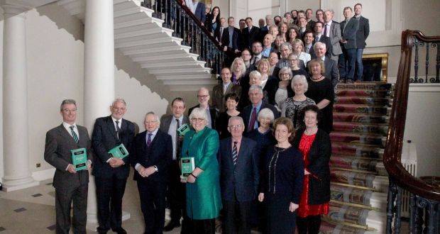  President Michael D Higgins  at the launch of the four-volume Cambridge History of Ireland  in Dublin Castle with  Profs Thomas Bartlett, Brendan Smith, Jane Ohlmeyer and James Kelly and other leading historians. Photograph: Mark Stedman