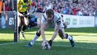 Andrew Trimble scoring  a try for Ulster against Leinster at Kingspan Stadium in May 2017. Photograph: Darren Kidd/Inpho/Presseye