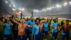 Marseille’s players celebrate in Salzburg, Austria. Photograph: Getty Images