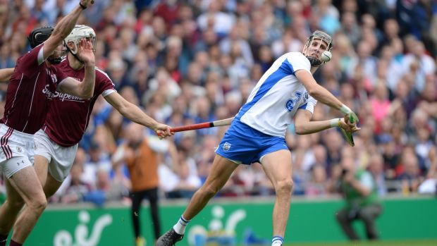 Galway’s Aidan Harte and Daithí Burke in action against Waterford’s Maurice Shanahan. Burke missed Galway’s league campaign and won a club football All-Ireland medal with Corofin. .Photograph: Dara Mac Dónaill