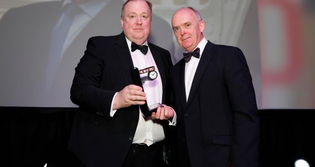 Liam Kavanagh (right), managing director of The Irish Times presents the Irish Times Top 1000 Distinguished Leader in Business Award 2018 to Mark FitzGerald of Sherry FitzGerald. Photograph: Conor McCabe.