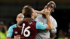  West Ham United’s Mark Noble clashes with Manchester United’s Paul Pogba. Photograph: Reuters