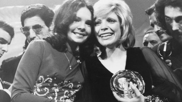 Séverine (right) of Monaco celebrates her win at the Eurovision Song Contest held in Dublin, 3rd April 1971. With her is the previous year’s winner, Ireland’s Dana (Rosemary Scallon). Photograph: Keystone/Hulton Archive/Getty Images