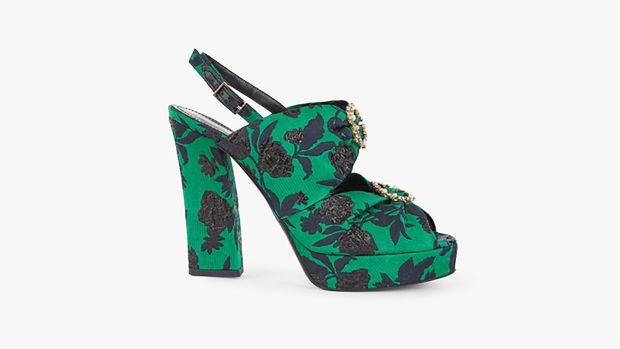 Jewelled green Daniella platforms by Erdem €820, erdem.com, from end of May.