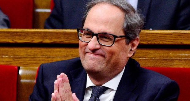 Newly elected Catalonia regional president Quim Torra in the Catalan parliament on Monday. Photograph:   Lluis Gene/AFP/Getty Images