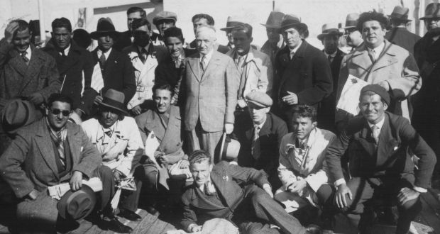 Fifa President Jules Rimet (centre) with Yugoslavian team members on board the pleasure cruiser Florida in Montevideo. Photo: Popperfoto/Getty Images