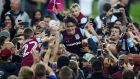Jack Grealish is carried by Aston Villa players after their goalless draw with Middlesbrough, which secured a play-off final date at Wembley. Photograph: Clive Mason/Getty