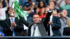 Celtic manager Brendan Rodgers lifts the trophy after winning the Scottish Cup Final at Hampden Park, Glasgow. Photograph: Graham Stuart/PA Wire