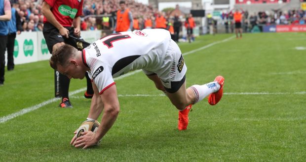 Craig Gilroy scores a try for Ulster during the province’s Guinness Pro14 European Champions Cup playoff match against Ospreys at  Kingspan Stadium, Belfast. Photograph: Billy Stickland/Inpho