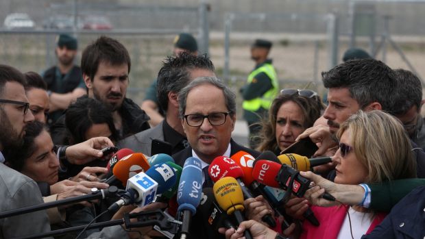 Newly elected Catalan regional leader Quim Torra outside the Estremera prison near Madrid where he visited Jordi Turull, Josep Rull and other pro-independence politicians who are jailed there. Photograph: Sergio Perez/Reuters