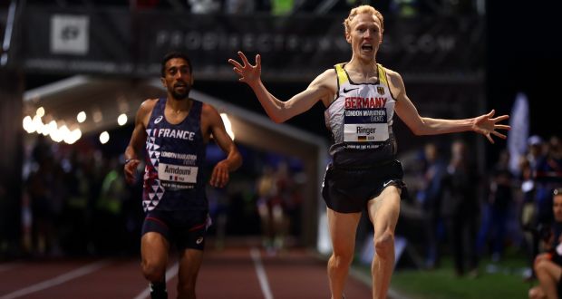 Germany’s Richard Ringer crosses the finishing line to win the 2018 European 10,000m Cup at Parliament Hill Athletics Track on Saturday in London. Photograph: Bryn Lennon/Getty Images