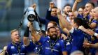 Leinster captain  Isa Nacewa lifts the  Guinness pro 14 trophy after the victory over Scarlets at the Aviva Stadium. Photograph: James Crombie/Inpho