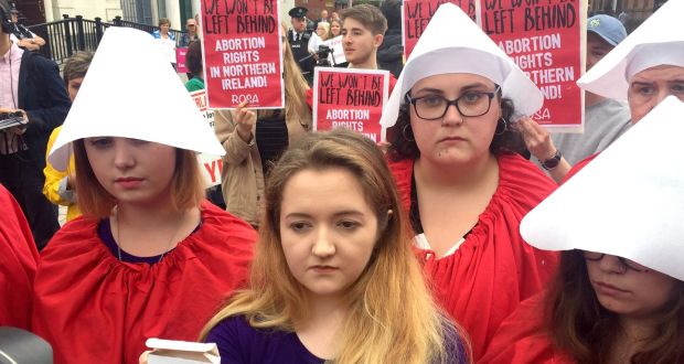 Eleanor Crossey Malone, from the socialist feminist group Rosa, after she took an abortion pill outside Belfast’s Crown and High Courts, where counter-demonstrations were held by both sides of the Northern Irish abortion argument. Photograph:   David Young/ PA Wire