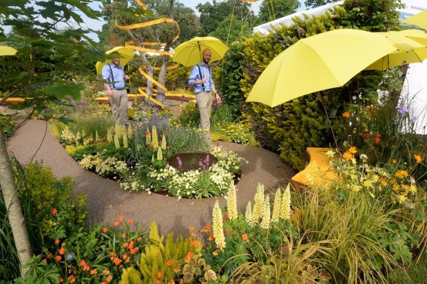 Peter Cowell and Monty Richardson aka The Hairy Gardeners with their Maria Keating Foundation Sunsmart Garden at Bloom.Photograph: Cyril Byrne/The Irish Times
