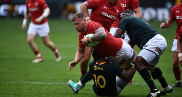 Ross Moriarty is tackled by South Africa’s Elton Jantjies during Wales’ win in Washington. Photograph: Brendan Smialowski/AFP