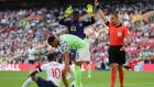 England’s Raheem Sterling gets  a yellow card from  referee Marco Guida after diving in the penalty area during a  friendly against Nigeria on June 2nd. Photograph: Tim Goode/PA Wire
