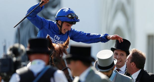 William Buick celebrates on Masar after winning the Derby at Epsom  on June 2nd. Photograph:  Reuters/Andrew Boyers
