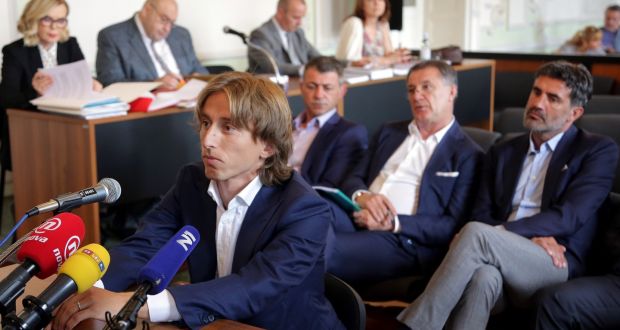 Luka Modric appears in a court in Osijek to testify in the corruption trial against former Dinamo Zagreb executive Zdravko Mamic. Photograph: STR/AFP/Getty Images