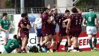 The Georgia team celebrate scoring a try during their win over Ireland at the under-20 World Cup in France. Photo: Inpho
