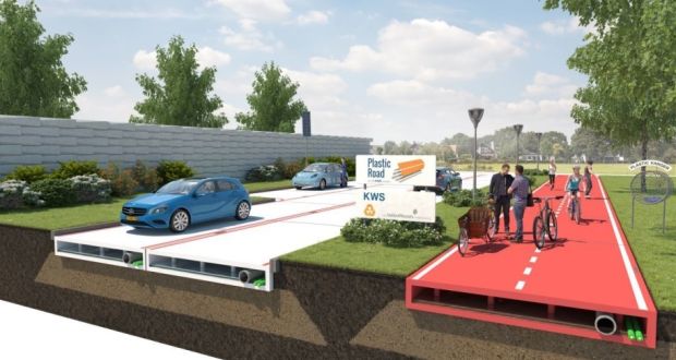 Plastic bike and car road surfaces  are being developed by Dutch engineers KWS. Photograph: KWS