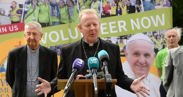 (From left) Archbishop of Dublin, Diarmuid Martin, president and host of WMOF2018; and Archbishop of Armagh, Eamon Martin, President of the Irish Catholic Bishops’ Conference, announce the publication of Pope Francis’s itinerary for the World Meeting of Families 2018 in Ireland. Photograph: Dara Mac Dónaill/The Irish Times