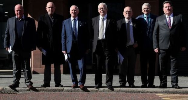 An image from Marh 2018 showing seven of the 14 ‘hooded men’, who were kept in hoods interned in Northern Ireland in 1971. (From left) Jim Auld, Patrick McNally, Liam Shannon, Fracncie McGuigan, Davy Rodgers, Brian Turley and Joe Clarke. Photograph: PA 