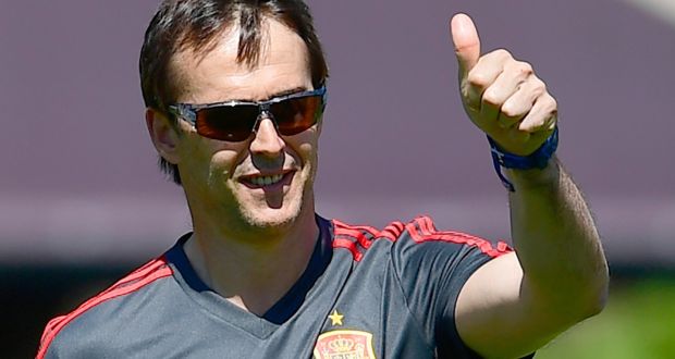 Spain’s coach Julen Lopetegui during a training session in Krasnodar Academy in Russia. Photograph: Getty Images