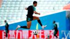 Portugal’s forward Cristiano Ronaldo takes part in a training session at the Fisht Olympic Stadium in Sochi . Photograph: Getty Images