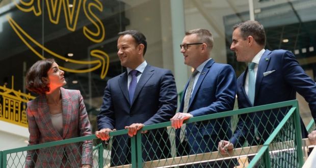 TD Kate O’Connell, Taoiseach Leo Varadkar, Amazon Web Services Ireland country manager Mike Beary and IDA Ireland chief executive Martin Shanahan at the official opening of AWS’s new office in Dublin. Photograph: Dara Mac Dónaill