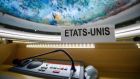 The US name plate one day after the United States announced its withdrawal at the 38th session of the UN Human Rights Council at the UN headquarters in Geneva. Photograph: Martial Trezzini/EPA 