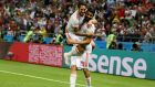 Spain’s Diego Costa  celebrating with team mate Isco after scoring  against  Iran  at Kazan Arena. Photograph:    Francois Nel/Getty Images