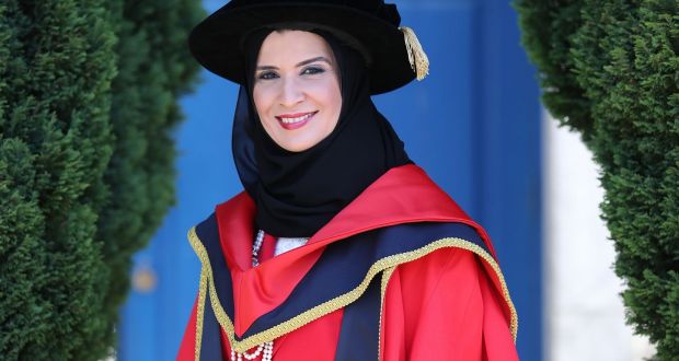 Dr Amal Al Qubaisi, chairperson and speaker of the Federal National Council of the the United Arab Emirates parliament, received an Honorary Doctorate of Philosophy from DCU. Photograph: Julien Behal Photography.