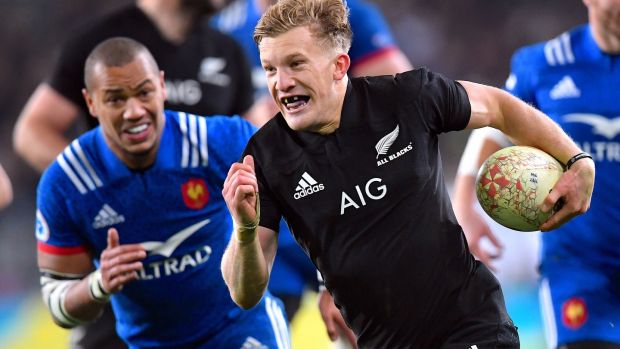 Damian McKenzie scores for New Zealand in their win over France in Dunedin. Photograph: Ross Setford/Reuters