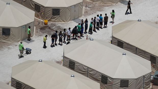 Children and workers at a tent encampment recently built in Tornillo, Texas: the blooding process has begun within the democratic world. Photograph: Joe Raedle