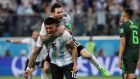 Argentina’s Marcos Rojo celebrates scoring their second goal with Lionel Messi during the 2018 World Cup Group D clash in St Petersburg. Photo: Henry Romero/Reuters