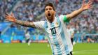  Messi  after scoring his team’s first goal against  Nigeria  at Saint Petersburg Stadium. Photograph:   Alex Livesey/Getty Images