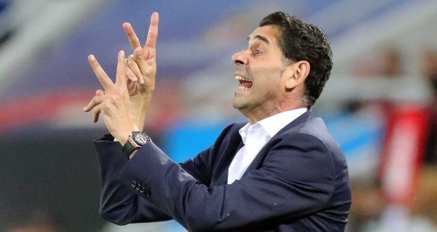  Fernando Hierro during Spain’s  match against  Morocco. He was  a last-minute replacement as Spain’s manager after Julen Lopetegui was sacked. Photograph: EPA 