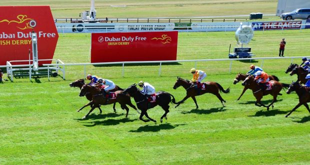 Battle of Jericho ridden by Ryan Moore (far left) wins the Tote Rockingham Handicap   at the Curragh. Photograph:  PA Wire