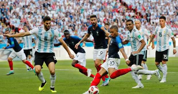 Kylian Mbappe   scores to put France 3-2 ahead during the last 16 victory over Argentina in Kazan. Photograph: Sergey Dolzhenko/EPA 