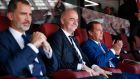 King Felipe VI of Spain, Fifa president Gianni Infantino and Russian prime minister Dmitry Medvedev at the World Cup match between Spain and Russia in Moscow. Photograph: Dmitry Astakhov/Sputnik/EPA