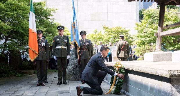 Taoiseach Leo Varadkar laying a wreath at UN headquarters in New York to the Irish who died on UN peacekeeping missions. Photograph: Simon Carswell