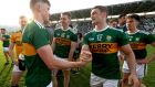 Kerry’s Sean O’Shea and Stephen O’Brien celebrate after the Munster final victory over Cork. Their next outing is against Galway at Croke Park. Photograph: Bryan Keane/Inpho 