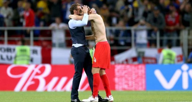 England manager Gareth Southgate celebrates with England's Eric Dier after his penalty kick secured victory in the World Cup Round of 16 against Colombia at the Spartak Stadium in Moscow. Photograph: Tim Goode/PA Wire