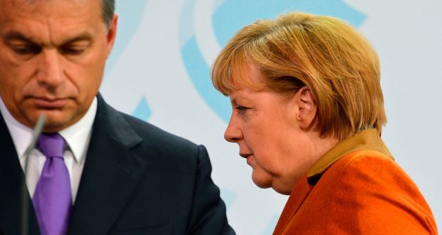 Germany chancellor Angela Merkel with Hungary’s far-right prime minister Viktor Orban.  Migration, as Merkel repeats now on a daily basis, is the issue on which the EU’s fate rests. Photograph:  Odd Andersen/AFP/Getty Images